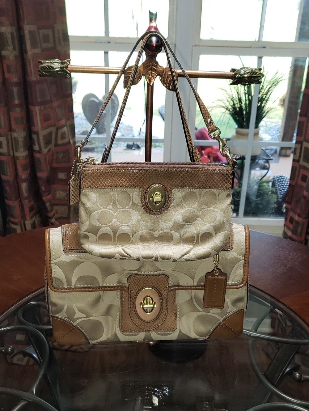 💘COACH SNAKESKIN LEATHER SATEEN SIGNATURE JACQUARD KHAKI BAG & WRISTLET/WALLET